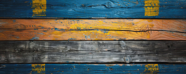 Weathered wooden boards with blue, yellow, and gray paint