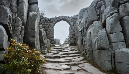 Mysterious portal, path through gray rocky stones. Ancient architecture. Natural scenery. Old arch.