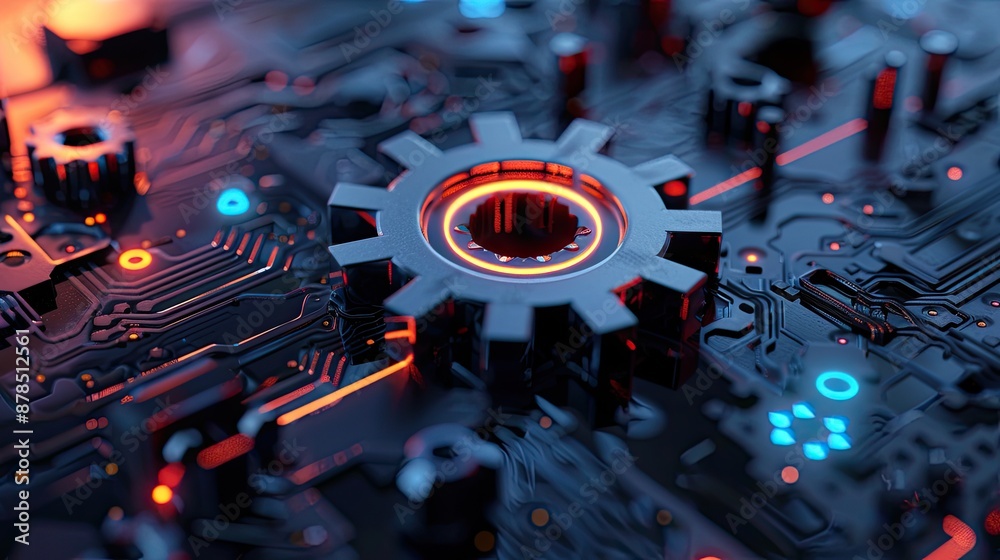 Poster digital 3d gear icon, engineering technology. artificial intelligence in system setting optimization
