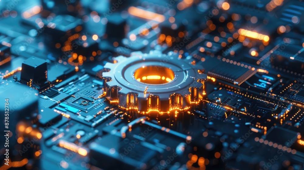 Poster digital 3d gear icon, engineering technology. artificial intelligence in system setting optimization
