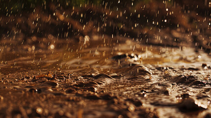 Close-up of raindrops hitting muddy ground, creating small splashes and ripples.  The image captures the beauty of nature's simple elements.