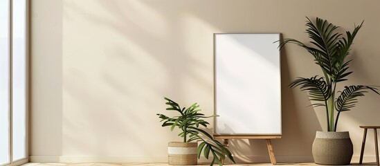 Step ladder with decorations and a blank poster near a light-colored wall, suitable as a copy space image.