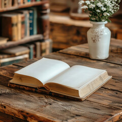 Open book with blank pages on a rustic wooden table with a vase of flowers in the background.