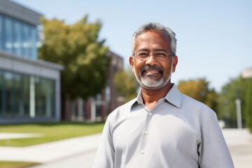 Portrait of a happy indian man in his 60s donning a classy polo shirt in front of modern university campus background