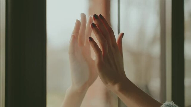 shot close-up human hand in outdoor visits sick friend in self-isolation quarantine safe communication, two people put their hands together through glass window. stay at home. arm person without face