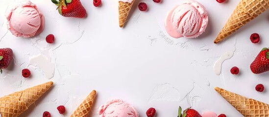 Strawberry ice cream displayed in waffle cones as a decorative border on a white background, ideal for mock-ups with space for text or images. image with copy space