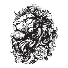 stylish lion illustration line art for tattoo print black and white vector high quality
