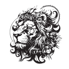stylish lion illustration line art for tattoo print black and white vector high quality