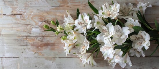 White alstroemeria flowers arranged in a bridal bouquet on a rustic backdrop with a space for adding text or images. image with copy space