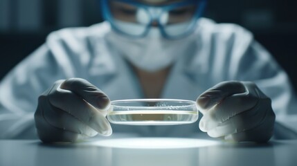 Scientist in a lab coat and gloves examines a petri dish with a serious look under laboratory light, signifying research and scientific study.