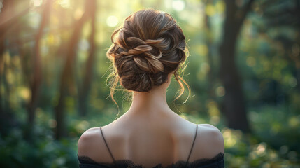Rear view of a woman with an intricate updo hairstyle, captured in a dimly lit environment with bokeh lights. The elegant styling highlights the detail and texture of her blonde hair.