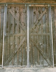 Detailed close-up of aged wooden barn doors