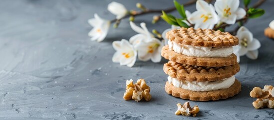 Modern vegan shortbread sandwich cookies shaped like walnuts with condensed milk cream filling, adorned with a lily valley bouquet design on a stone concrete backdrop, featuring copy space image.