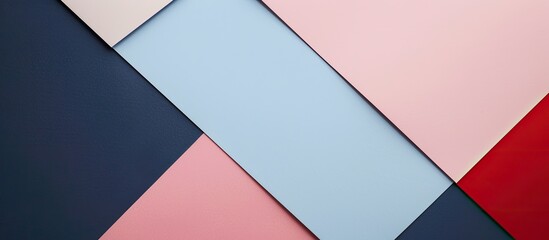 Minimal geometric shapes and lines in pastel blue, light pink, red, and navy colors create an abstract colored paper texture background with copy space image.