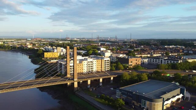 High Angle View of Newport City on River Usk Wales, United Kingdom During Sunset. May 27th, 2024