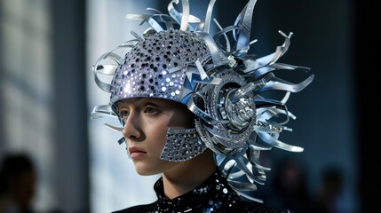 A model walks the runway in a sparkling, silver headpiece