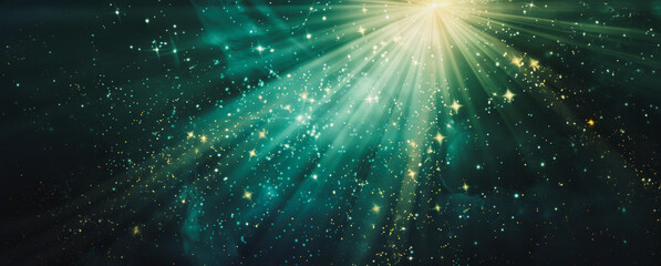 Abstract light rays and stars in a dark teal night sky
