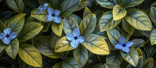 Gray Ghost Plant Leaves with lovely blue flowers; ideal for a copy space image.