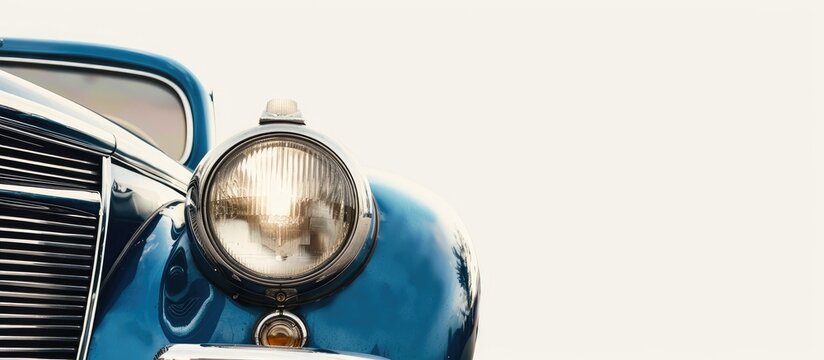 Vintage car headlight with a classic car in the front view, against a white background, featuring copy space image.