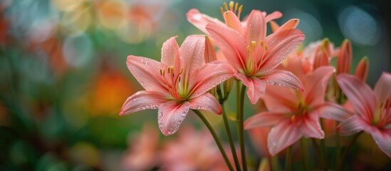 Gorgeous pink rain lilies blooming in a house garden with a captivating view, ideal for a tranquil atmosphere in a copy space image. © StockKing