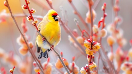 Yellow bird perched on a branch with blooming buds.