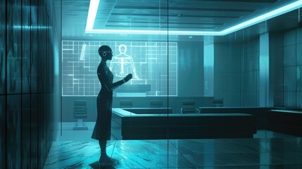 Sleek and minimalistic legal office with an AI public defender, holographic interfaces, and virtual reality elements. AI justice