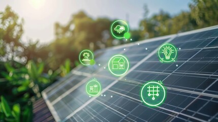 Solar panels on a rooftop with green technology symbols.