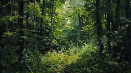 Fototapeta premium Sunlight is filtering through the canopy of trees in a lush green forest, illuminating the undergrowth and creating a sense of tranquility and peace