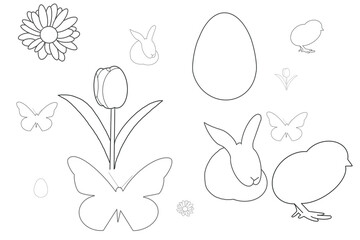 Easter rabbit Chick Egg Butterfly Tulip daisy doodle organic line cute hand drawn 
