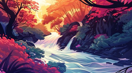 Fototapeta premium Abstract illustration of a waterfall in a forest with vibrant hues and flowing lines creating a dreamlike cave scene
