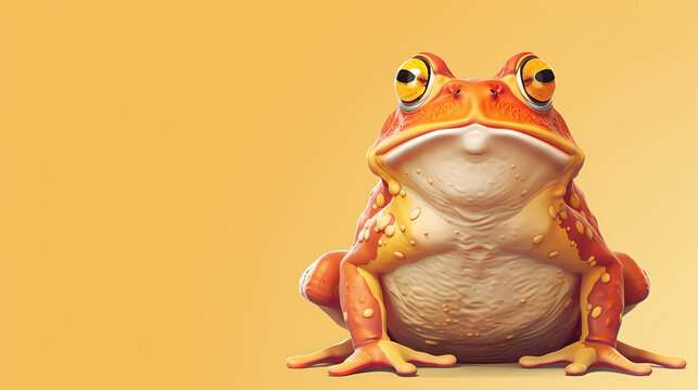 Close-up of a vibrant orange frog with yellow eyes against a light orange background.