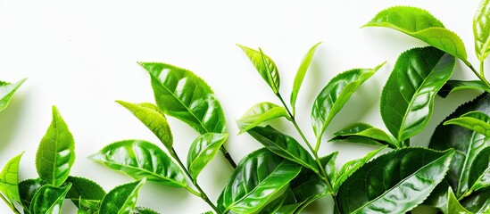 Obraz premium Fresh green tea leaves, recently picked from an organic plantation, displayed in a close-up image on a white background, suitable for food themes with copy space.