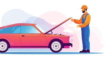 A mechanic inspecting a car with the hood open.