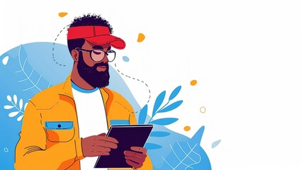 Young man in a yellow jacket using a tablet.