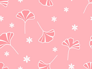 Seamless pattern with gingko leaves and white flower on pink background vector.