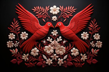 Fototapeta premium Two Doves Embroidery on a Mesoamerican-Inspired Crimson Canvas.
