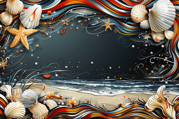 3D rendering of waves with shells, detailed, layered paper art, vibrant digital fantasy illustration