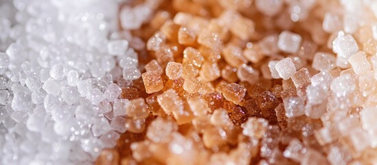White and brown sugar crystals in a close-up copy space image.
