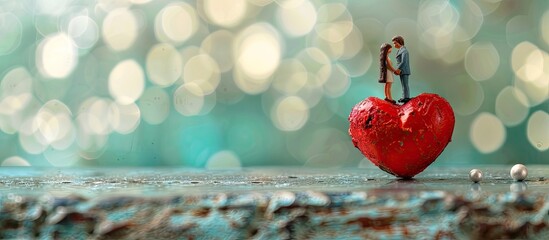 Romantic concept with mini figures of man and woman on red heart model, ideal for wedding or Valentine's Day, with space for text. image with copy space