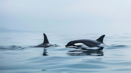 Naklejka premium Two killer whales swim in a quiet calm place
