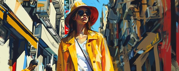 Abstract urban scene with a fashionable young woman featuring stylized city elements and bold expressive lines