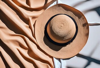 Summer vibes. Broad brim straw hat on a sandy beach. Vacation, Travel, Tourism, Relax, textile, shadows