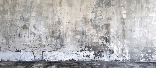 Obraz premium Prepping an old, weathered grey wall for redecoration with a rugged urban wallpaper pattern, showing concrete textures. Plenty of space for adding images. image with copy space