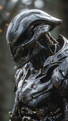 Obraz premium Futuristic robot soldier stands in a dense forest, exuding power and strength in a blend of technology and nature