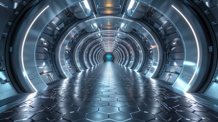 Naklejka premium Futuristic metallic tunnel with a hexagon tiled floor leading to a bright blue light at the end. The tunnel has a circular design with glowing lights and metallic panels