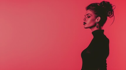 Woman with bold high fashion hair stands against red background