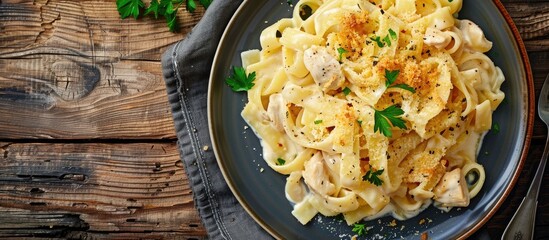 Top view of a plate with a homemade cheesy chicken Alfredo pasta bake, offering space for text or images. image with copy space
