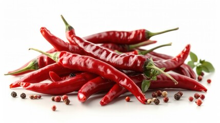 A bunch of red peppers are on a white background