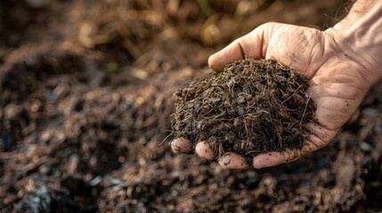 A human hand holding light, fluffy peat moss soil, with a slightly fibrous texture
