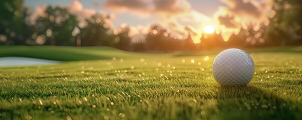 Golf ball in luxury golf sport resort in nature with green grass, panorama.  Generative AI.